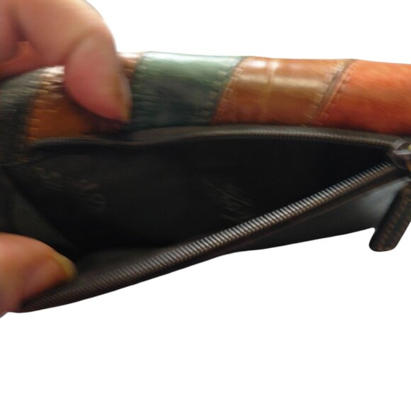 FOSSIL Brown Striped Chevron Embossed Tri-Fold Leather Wallet Snap Flap Vintage - Picture 5 of 6